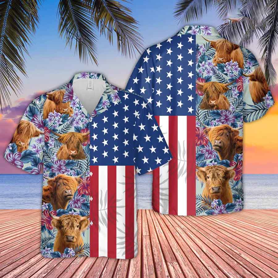 Highland Cattle Flower Pattern Us Flag 3D Hawaiian Shirt for men and women HO3698