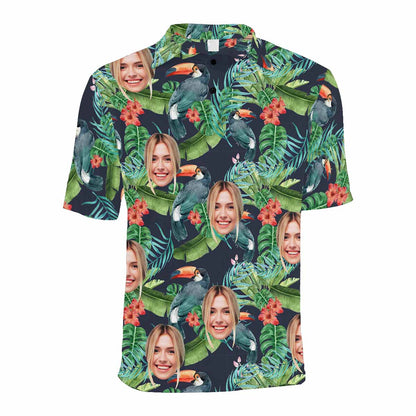 Custom Face Parrot Green Polo Shirt For Men, Personalized Photo Shirt, Customized Men's All Over Print Polo Shirt HO4342