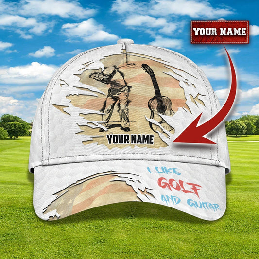 Custom With Name Baseball Cap For Golfer, I Like Golf And Guitar 3D Cap Hat, Golf Hat Mens CO0358
