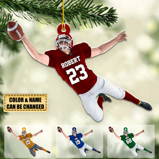 Personalized American Football Jumping With Ball Christmas Ornament for Football Mom Football Player Family Member MI0120