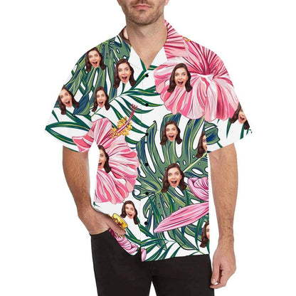 Custom Face Hawaiian Shirt Red Flower Leaves Aloha Shirts for Boyfriend/Husband Birthday Vacation Party Gift HO4343