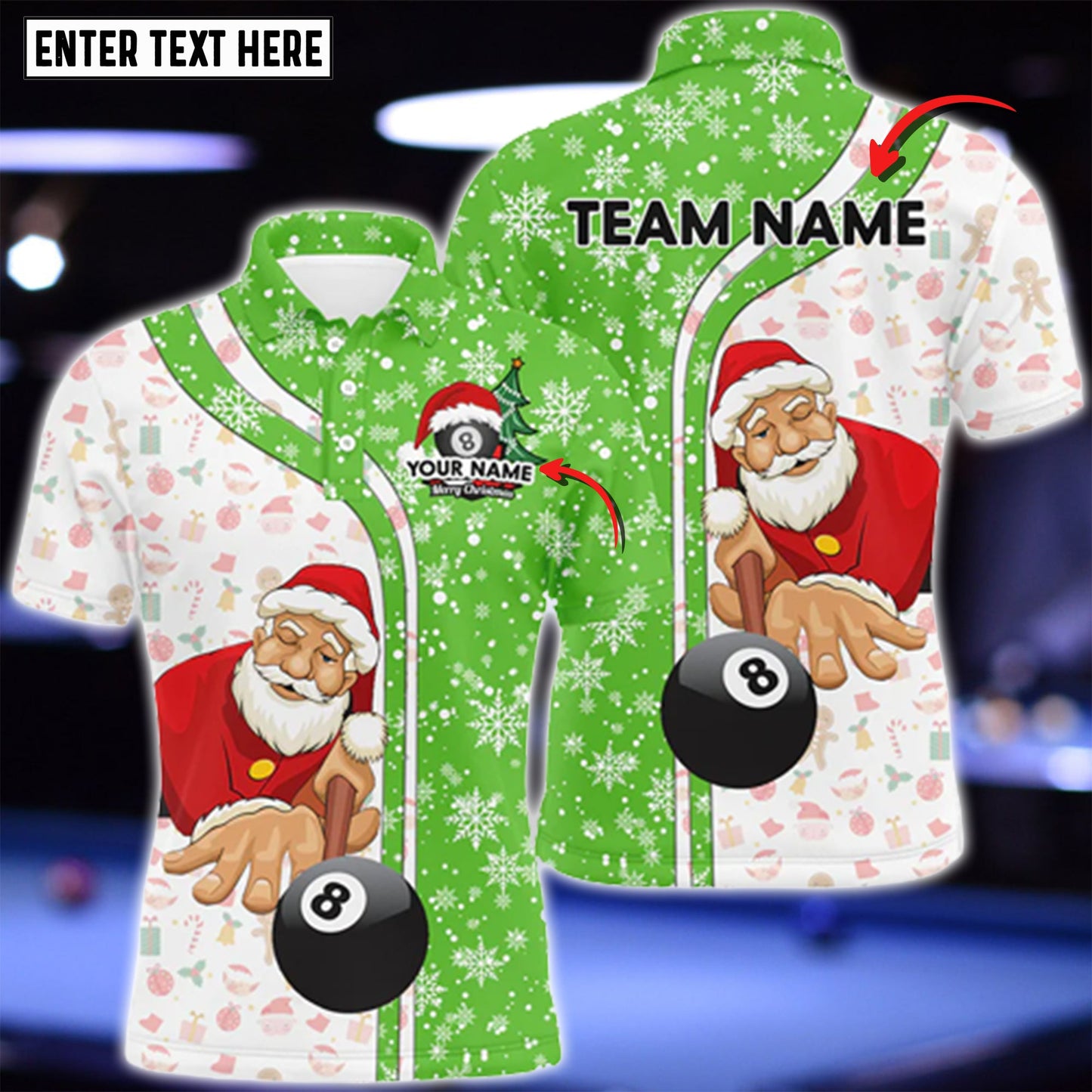 Lasfour Funny Christmas Santa Play Pool Personalized Green Billiard 8 Ball Snowflake 3D Shirt BIA0372
