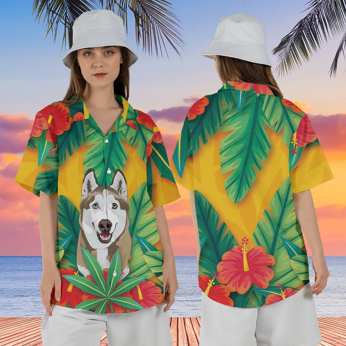 Custom Photo Dog Hawaiian Shirt, Green and Yellow Hawaii Shirt with Hand-Painted Pet Face, Tropical Print Shirts HO4328