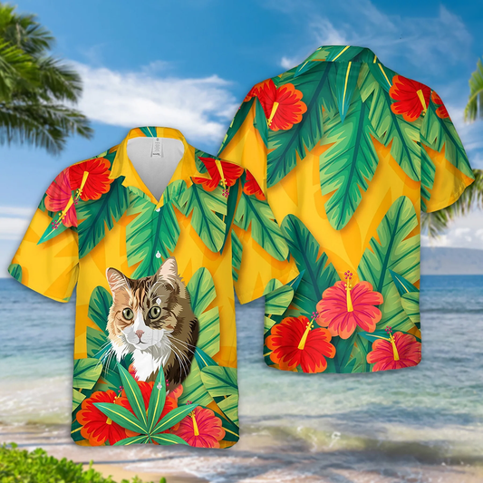 Custom Photo Dog Hawaiian Shirt, Green and Yellow Hawaii Shirt with Hand-Painted Pet Face, Tropical Print Shirts HO4328