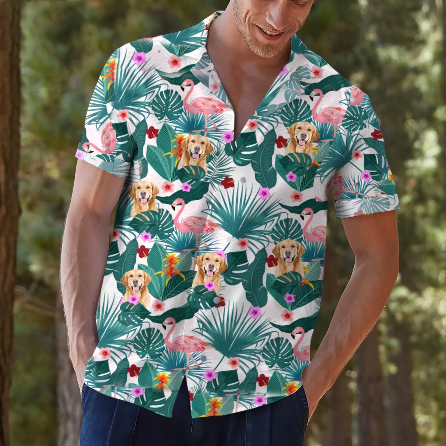 Custom Flamingo Hawaiian Shirt with Pet Face, Personalized Dog Hawaiian Shirts from Photo, Annyversary Gift HO4331