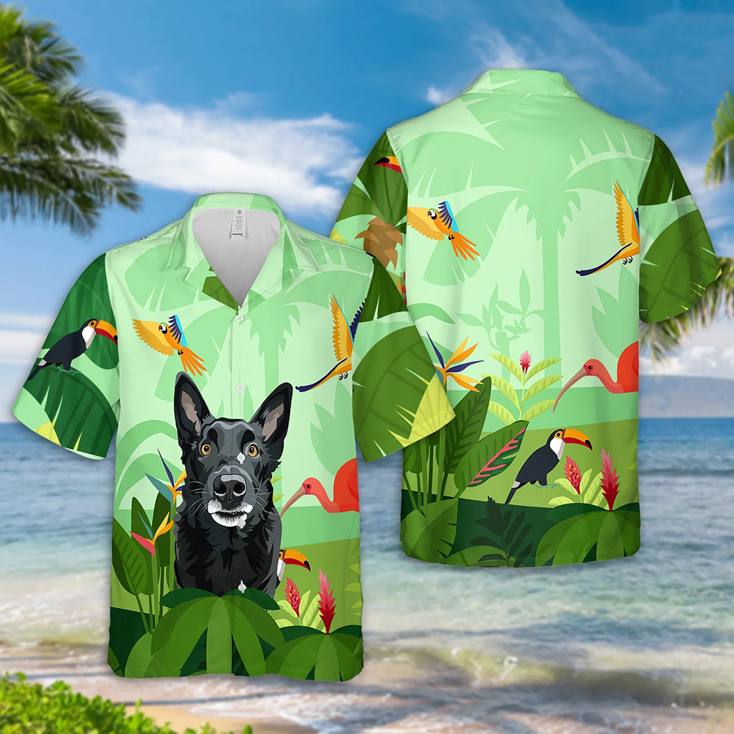 Custom Green Hawaiian Shirts with Dog Face Hand-Painted, Hawaiian Outfit for Couples, Personalized Gift for Pet Lover HO4326