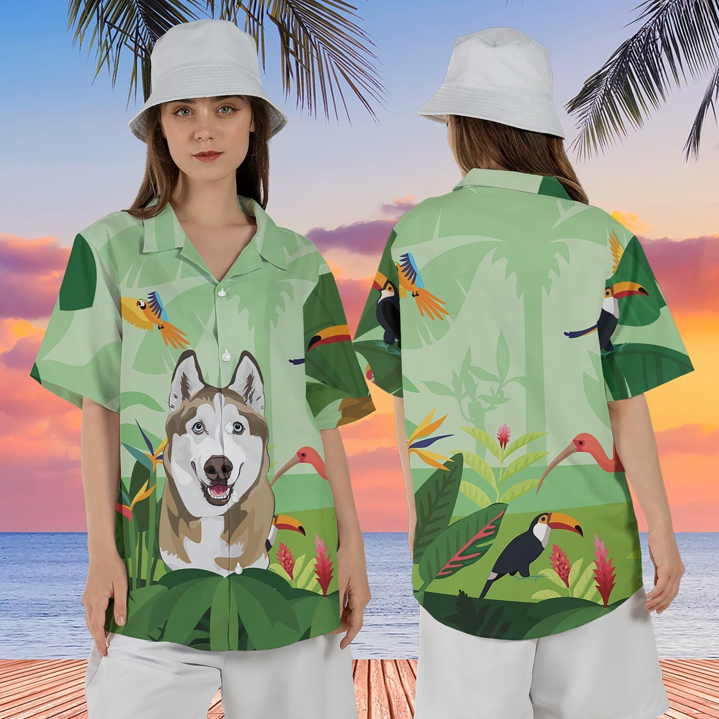 Custom Green Hawaiian Shirts with Dog Face Hand-Painted, Hawaiian Outfit for Couples, Personalized Gift for Pet Lover HO4326
