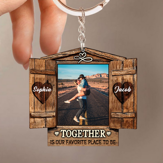 Personalized Couples Custom Photo Home Is Where The Heart Is Wood Couple Keychain KO0027