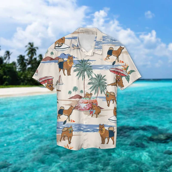 Finnish Spitz Summer Beach Hawaiian Shirt, Hawaiian Shirts for Men Short Sleeve Aloha Beach Shirt HO0945