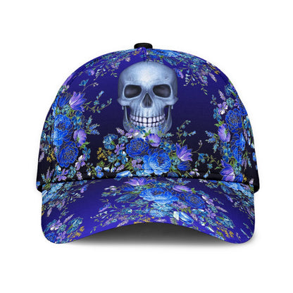 3D Skull Classic Cap Hat With Blue Floral Pattern, Flower Skull Cap Hat For Her, Women Skull Cap CO0662