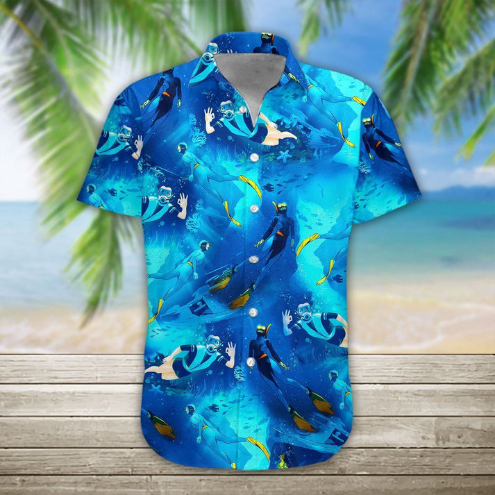 3D Freediving Hawaii Shirt, Hawaiian Shirts for Men Short Sleeve Aloha Beach Shirt HO3270