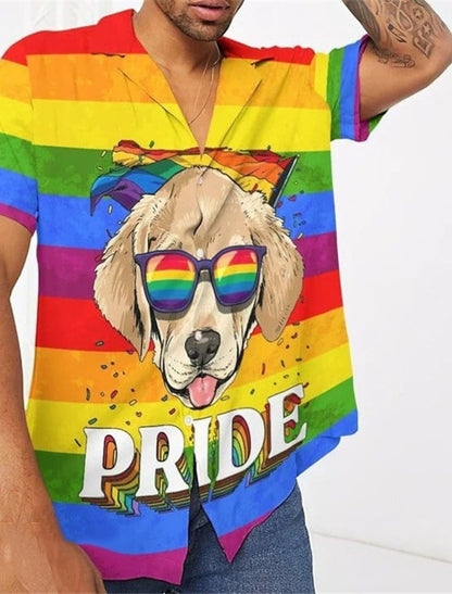 Summer hawaiian Shirt Rainbow Dog Striped Graphic Prints Pride Turn-Down Collar Rainbow Casual Going Out Short Sleeve Button-Down Printed Clothing HO2909