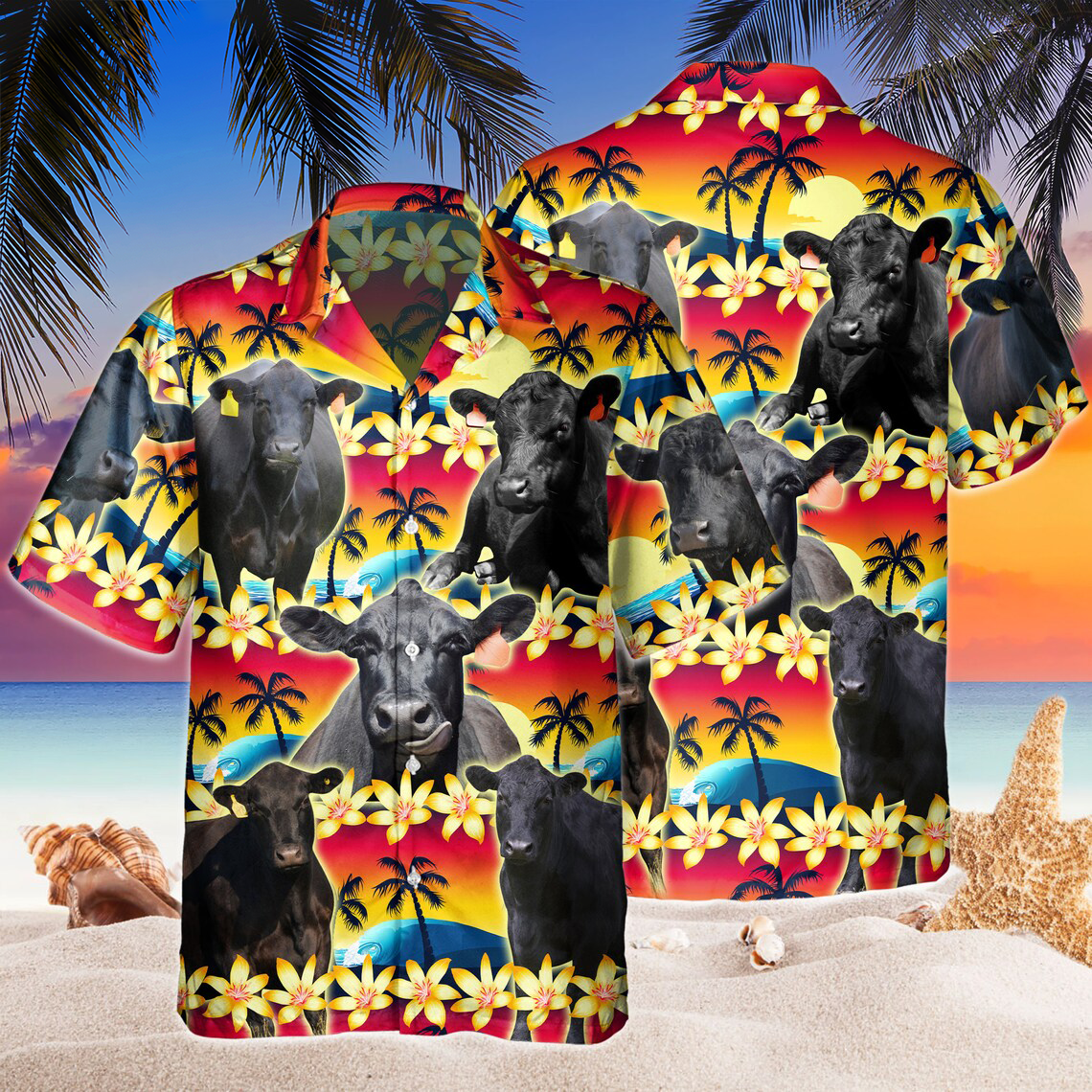 Vintage Black Angus Hawaiian Shirt Tropical Sunset Hibiscus And Palm Tree Hawaiian Shirt HO5367