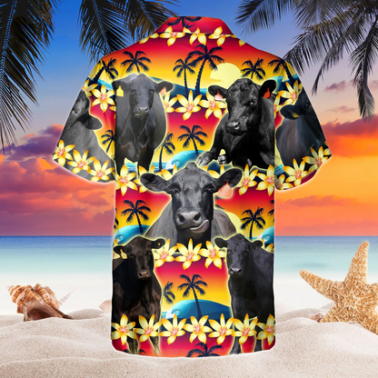 Vintage Black Angus Hawaiian Shirt Tropical Sunset Hibiscus And Palm Tree Hawaiian Shirt HO5367