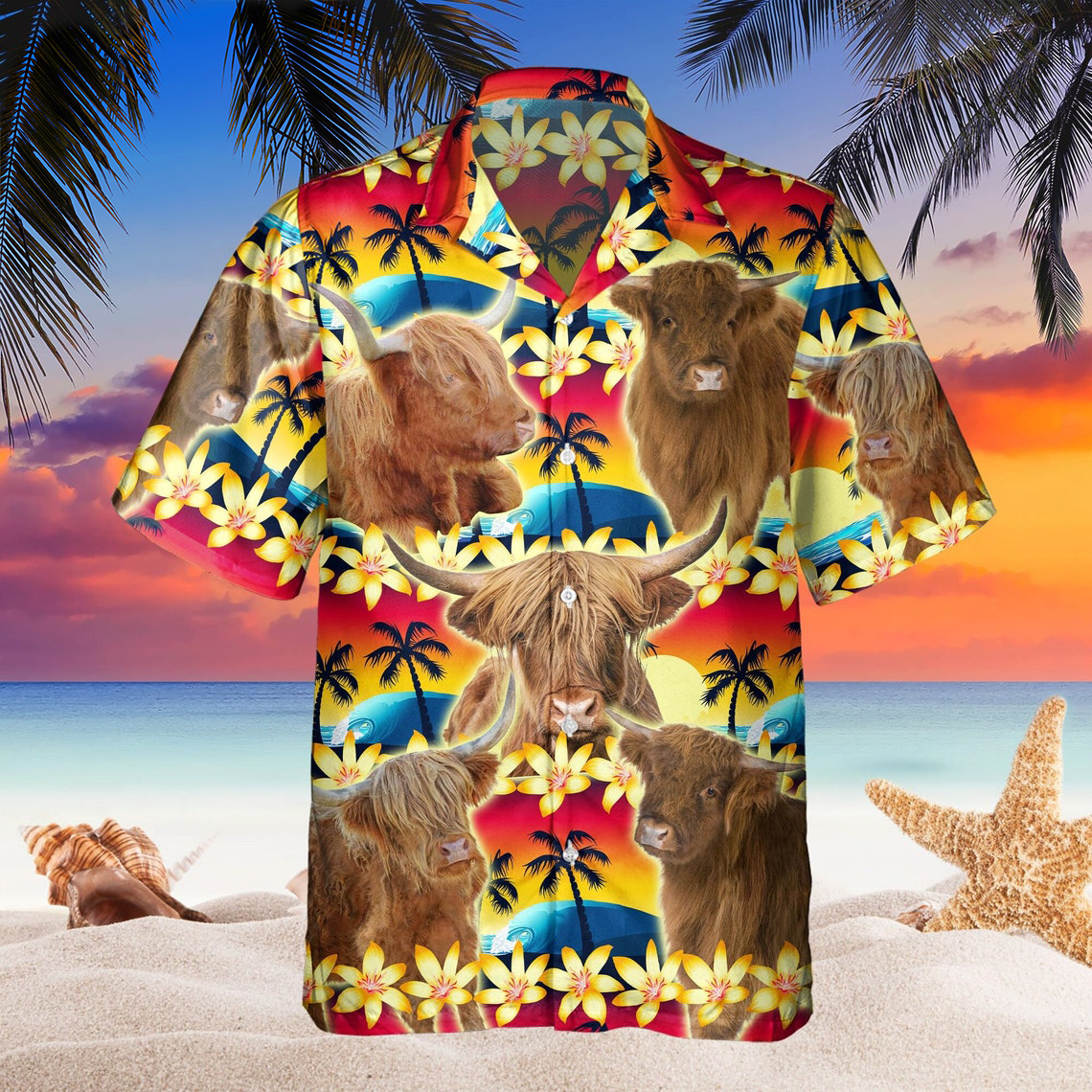 Vintage Highland Tropical Sunset Hibiscus And Palm Tree 3D Hawaiian Shirt HO5369
