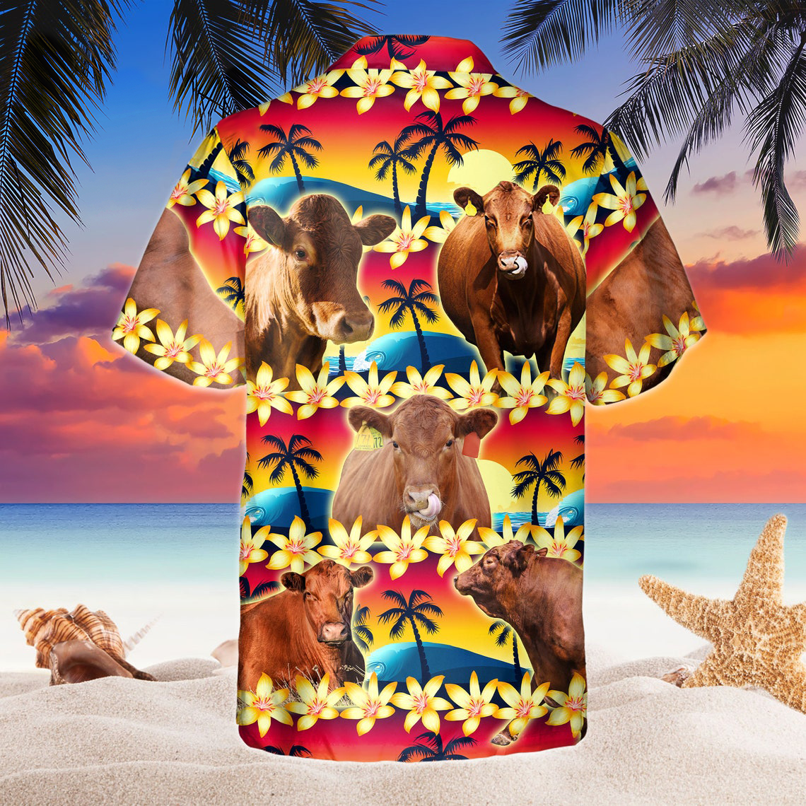 Vintage Red Angus Tropical Sunset Hibiscus And Palm Tree Hawaiian Shirt HO5371
