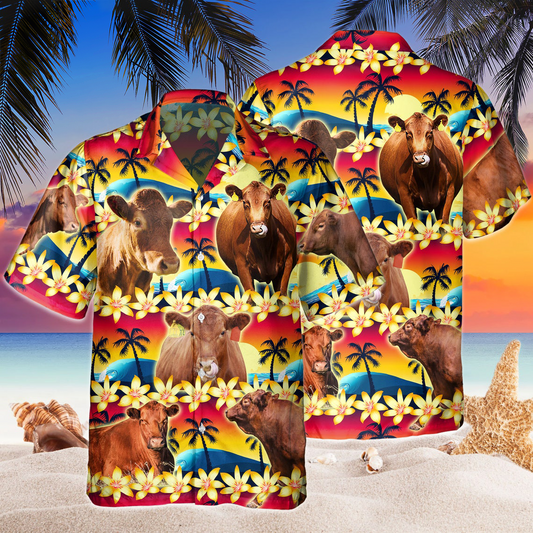 Vintage Red Angus Tropical Sunset Hibiscus And Palm Tree Hawaiian Shirt HO5371