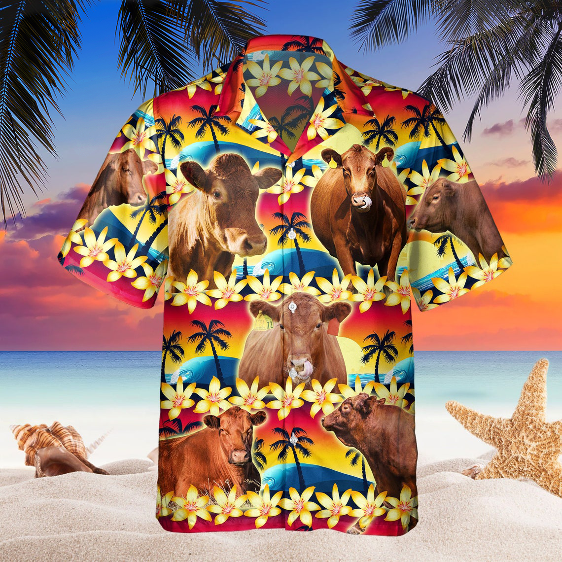 Vintage Red Angus Tropical Sunset Hibiscus And Palm Tree Hawaiian Shirt HO5371