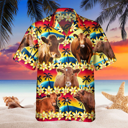 Vintage Red Angus Tropical Sunset Hibiscus And Palm Tree Hawaiian Shirt HO5371