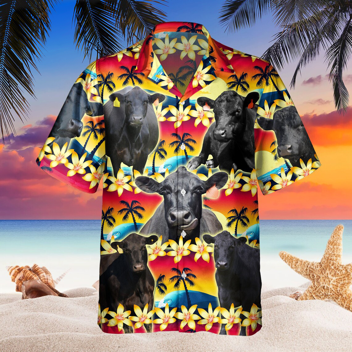 Vintage Black Angus Hawaiian Shirt Tropical Sunset Hibiscus And Palm Tree Hawaiian Shirt HO5367