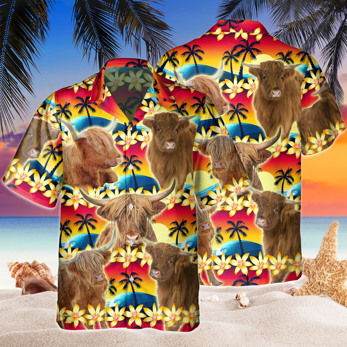 Vintage Highland Tropical Sunset Hibiscus And Palm Tree 3D Hawaiian Shirt HO5369
