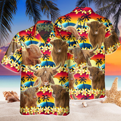 Vintage Highland Tropical Sunset Hibiscus And Palm Tree 3D Hawaiian Shirt HO5369