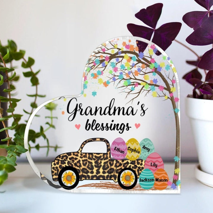 Personalized Grandma Easter Decor Heart Shaped Acrylic, Custom Easter Grandma with Eggs Decor, Grandma's Peeps Decor, Easter Day House Decor MI0525