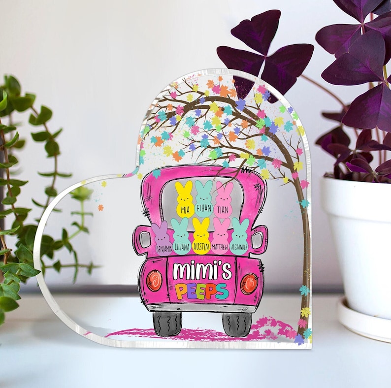 Personalized Mimi's Peeps Heart Shaped Acrylic, Easter Day Mimi Peeps, Grandma Peeps Truck Decor, Custom Gigi Peeps | Mom Peeps | Yaya Peeps MI0524