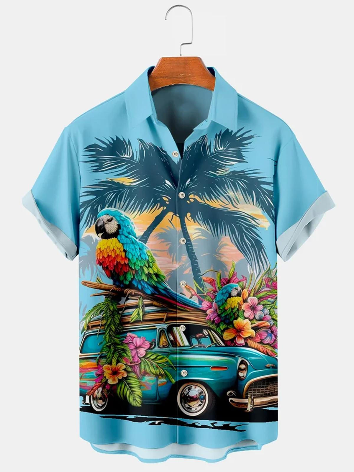 Hawaiian Coconut Palm Parrot Car Men's Shirts HO0268