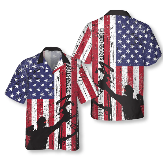 Archery America Flag Archery Custom Hawaiian Shirt, Personalized Name Archery Hawaiian Shirt HO4090