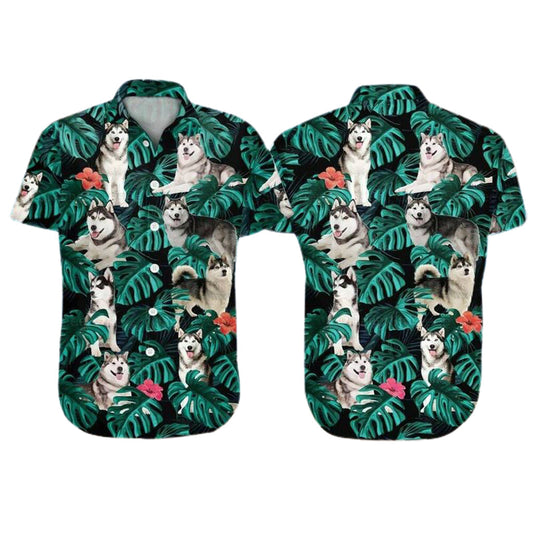 usky Dog Aloha Hawaiian Shirt - Funny Husky Dog Pet Hawaiian Shirt, Tropical Leaves Pattern Hawaiian Shirt For Men HO3510