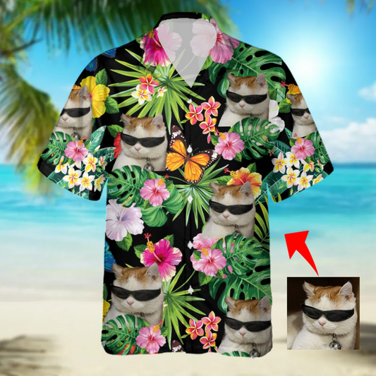 Custom Cat Photo floral Hawaiian Shirt, Summer Gift, Short Sleeve Aloha Beach Shirt, Cat Hawaiian Shirt for Men, Women HO4386