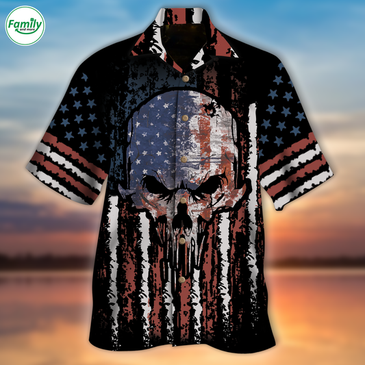 3D Skull Hawaiian Shirt With American Flag Pattern, Lasfour Skulls Hawaii Shirt Short Sleeve HO5311