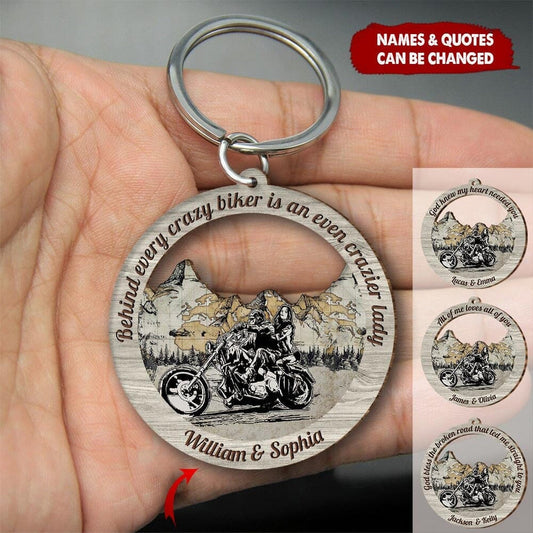 Personalized Behind Every Crazy Biker Is An Even Crazier Lady Wooden Keychain, Couple Keychain Gift KO0069