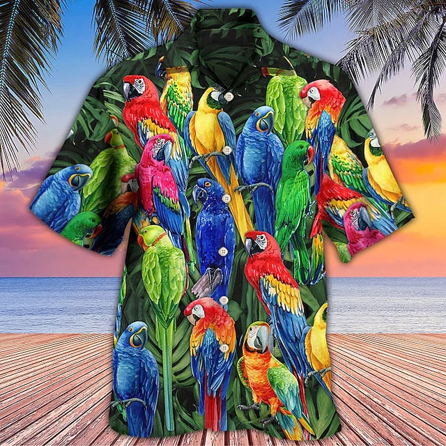 Men's Shirt Summer Hawaiian Shirt, Camp Collar Shirt Graphic Shirt Aloha Shirt, Parrot Turndown Yellow Light Green Pink Red Blue 3D Print HO3432