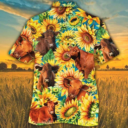 Red Angus Cattle Lovers Sunflower Watercolor Hawaiian Shirt, Cow Hawaiian shirts for men, women HO2559