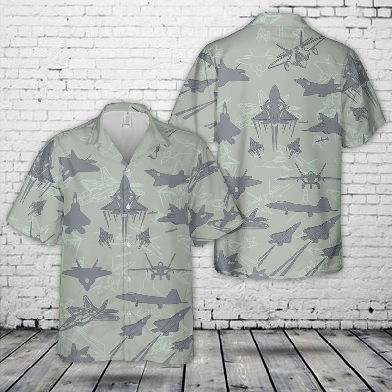 US Air Force Lockheed Martin F-22 Raptor Aircraft Silhouettes Hawaiian Shirt HO2826