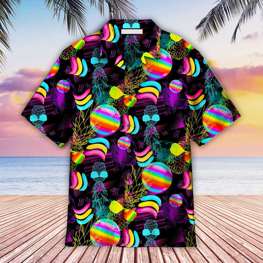 LGBT Aloha Hawaiian Shirts For Summer, Pineapple Tropical Neon Rainbow Happy LGBT Pride Month Colorful Hawaiian Shirts HO3487