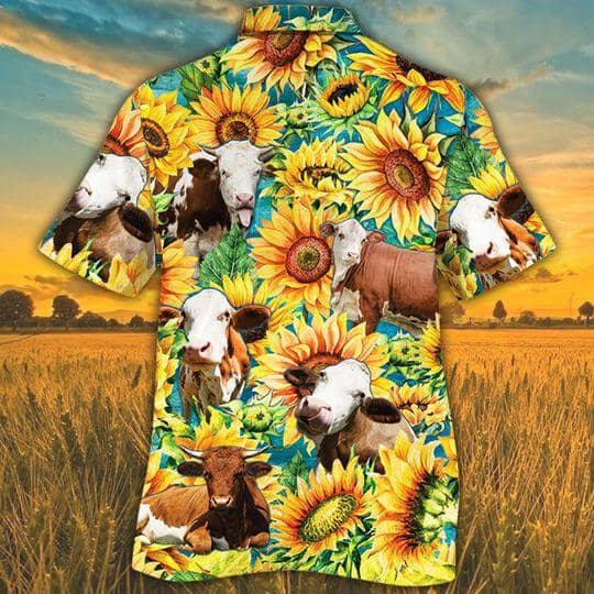 Simmental Cattle Lovers Sunflower Watercolor Hawaiian Shirt HO2558
