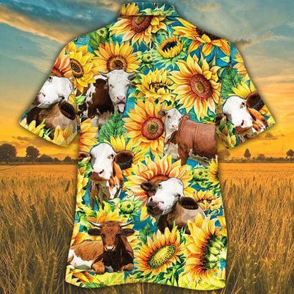 Simmental Cattle Lovers Sunflower Watercolor Hawaiian Shirt HO2558