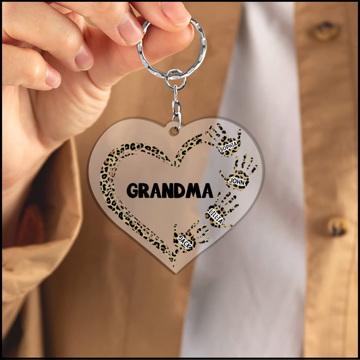 Personalized Heart Hand Print Grandma Nana Mom Acrylic Keychain KO0279