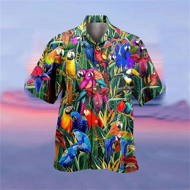 Men's Shirt Summer Hawaiian Shirt, Camp Collar Shirt Graphic Shirt Aloha Shirt, Parrot Turndown Yellow Light Green Pink Red Blue 3D Print HO3432
