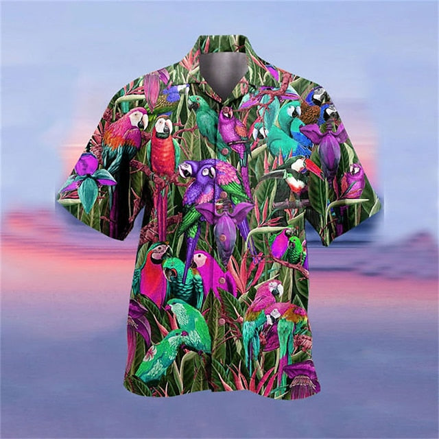 Men's Shirt Summer Hawaiian Shirt, Camp Collar Shirt Graphic Shirt Aloha Shirt, Parrot Turndown Yellow Light Green Pink Red Blue 3D Print HO3432