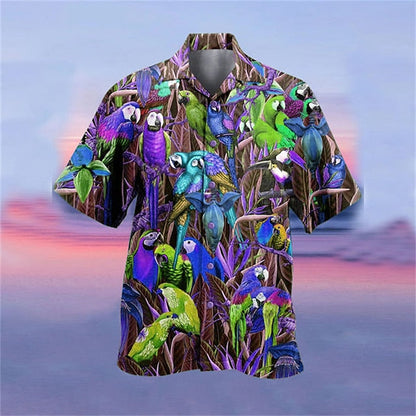 Men's Shirt Summer Hawaiian Shirt, Camp Collar Shirt Graphic Shirt Aloha Shirt, Parrot Turndown Yellow Light Green Pink Red Blue 3D Print HO3432
