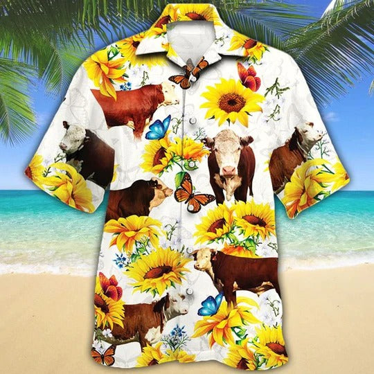 Hereford Cattle Lovers Sun Flower Hawaiian Shirt, Unisex Print Aloha Short Sleeve Casual Shirt HO5053