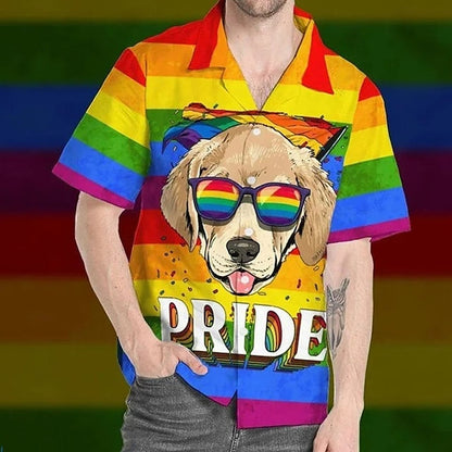 Summer hawaiian Shirt Rainbow Dog Striped Graphic Prints Pride Turn-Down Collar Rainbow Casual Going Out Short Sleeve Button-Down Printed Clothing HO2909